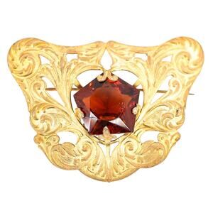 Antique Art Nouveau Gold Wash Brooch with Large Amber Glass Stone